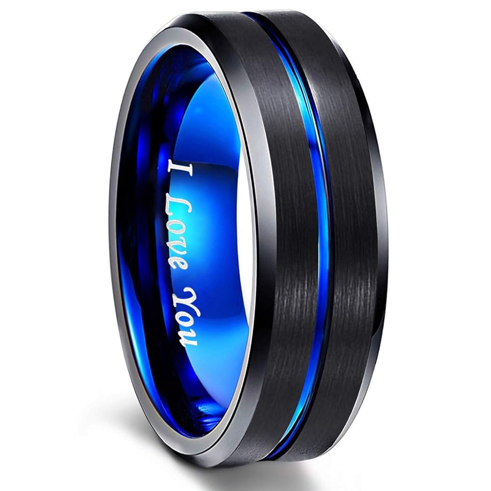 Greenpod Males’s Tungsten Marriage ceremony Band Ring – 6mm, 8mm, 10mm – Engraved ‘I Love You’ – Skinny Blue/Rose Gold/Black Heart Groove – Consolation Match – Sizes 6-17