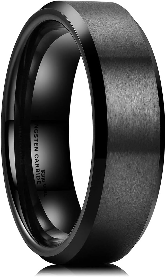 King Will Tungsten Males’s Marriage ceremony Band – Sizes 6mm to 10mm, Black/Silver, Matte End, Beveled Polished Edge, Consolation Match